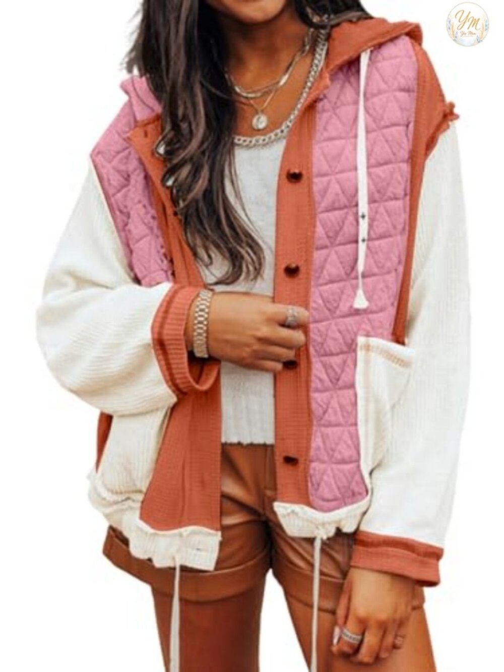 KevaMolly Quilted Patchwork Hooded Shacket Loose Fit Women's Jacket